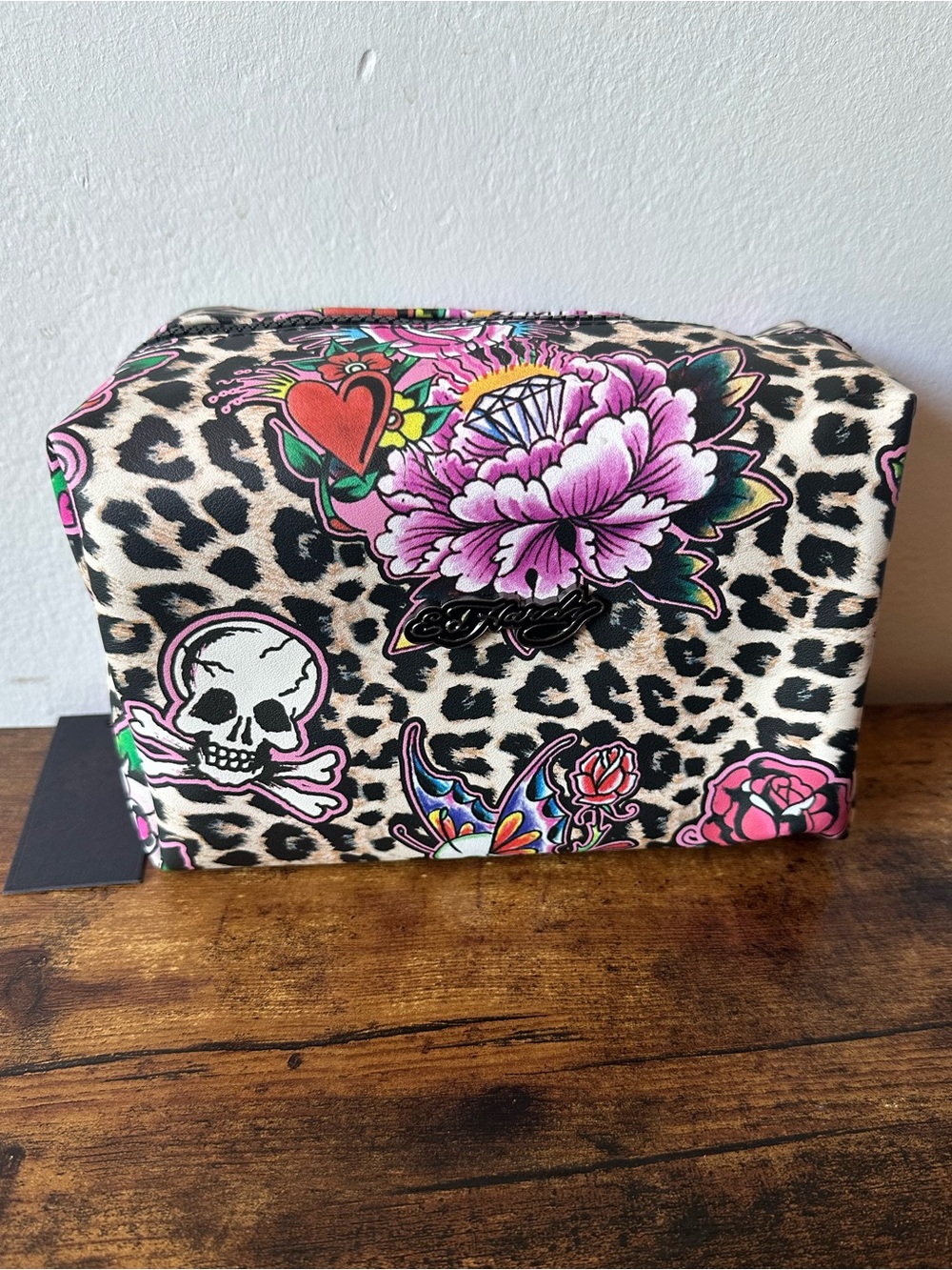 Ed Hardy Leopard Print Cosmetic Bag Toiletry Pouch Floral Skull Accents NWT